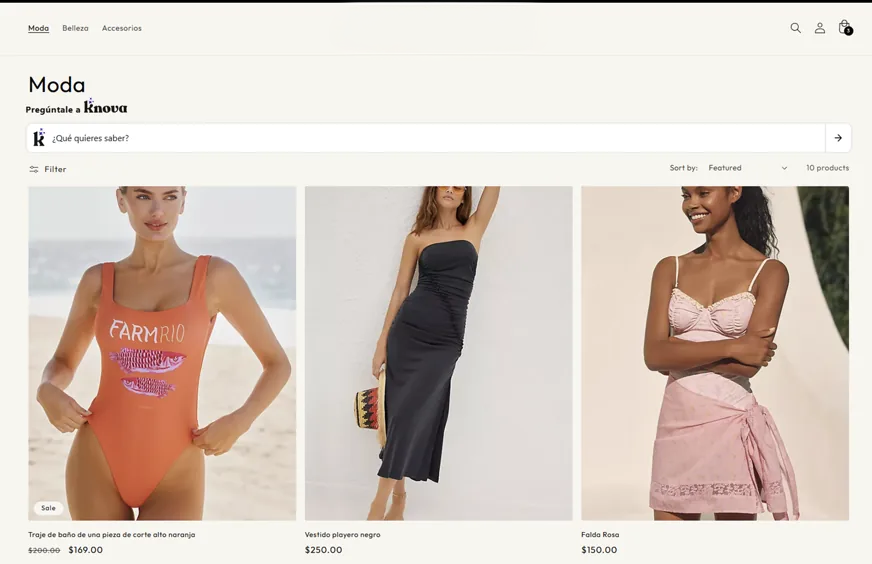 Tienda Shopify con Knova integrado en la colección Moda