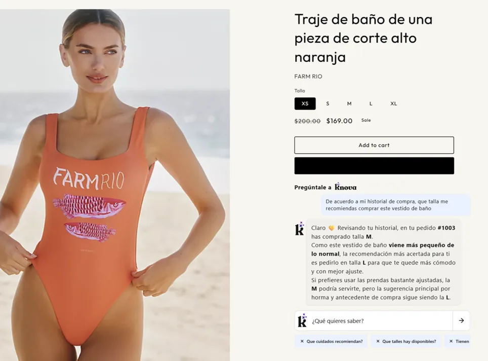 Ficha de producto con Knova recomendando talla según historial del cliente